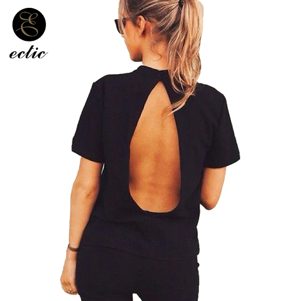 Сексуальное Открыть Спина Майка Без Спинки Круглый Воротник Топ Короткий Рукав