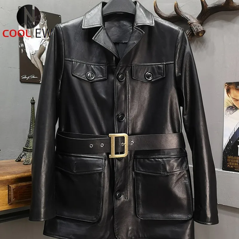 

Euro Autumn Winter Womens Sheepskin Genuine Leather Jackets Long Sleeve Single Breasted Lapel Pockets Sashes Medium Length Coats