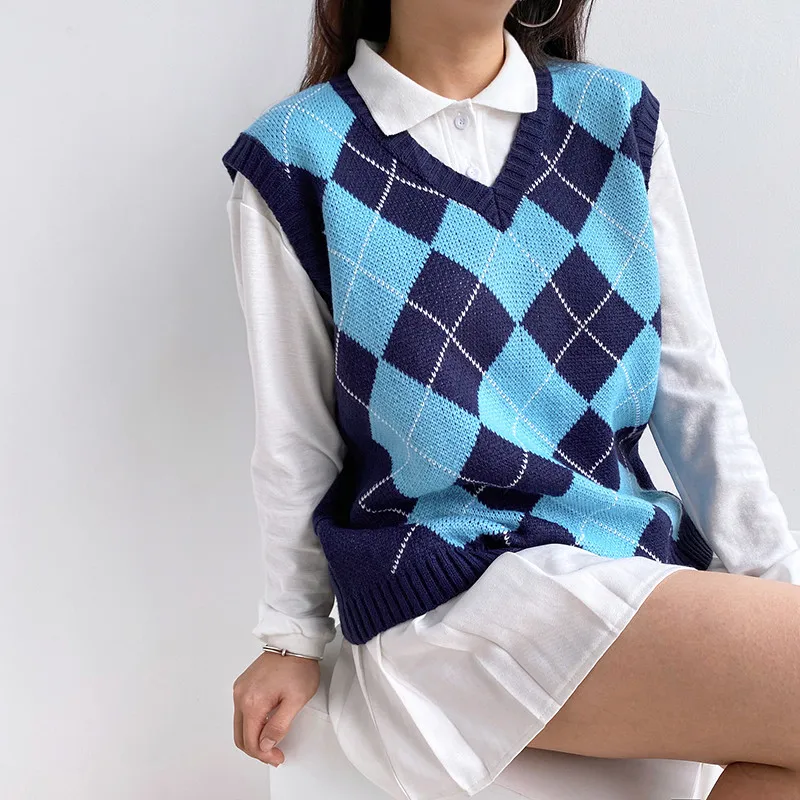 

Women Diamond Lattice Knitted Sweaters Sleeveless Casual Color Block Pullover Waistcoat Round Neck Girls Sweater Vest Crop Tops