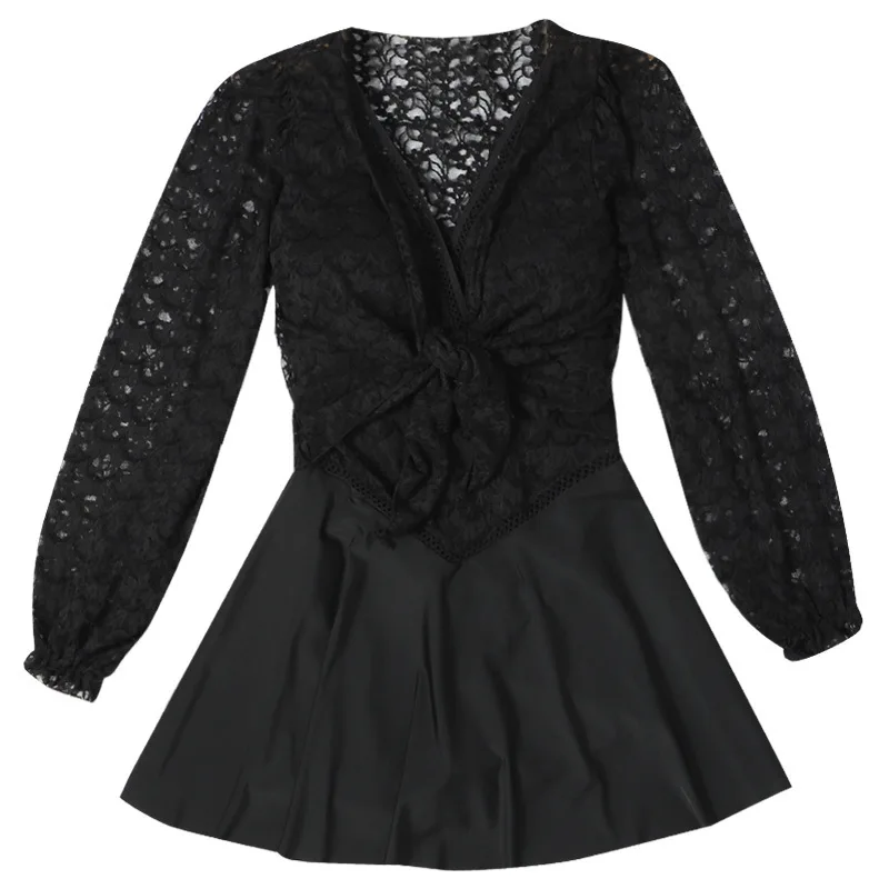 

Swimsuit Fused Female Swimwear 1 Piece Beach Swim Dress Onepiece Plus Size Korean Hot Bathing Suit Women 2020 Lovely Lace Black