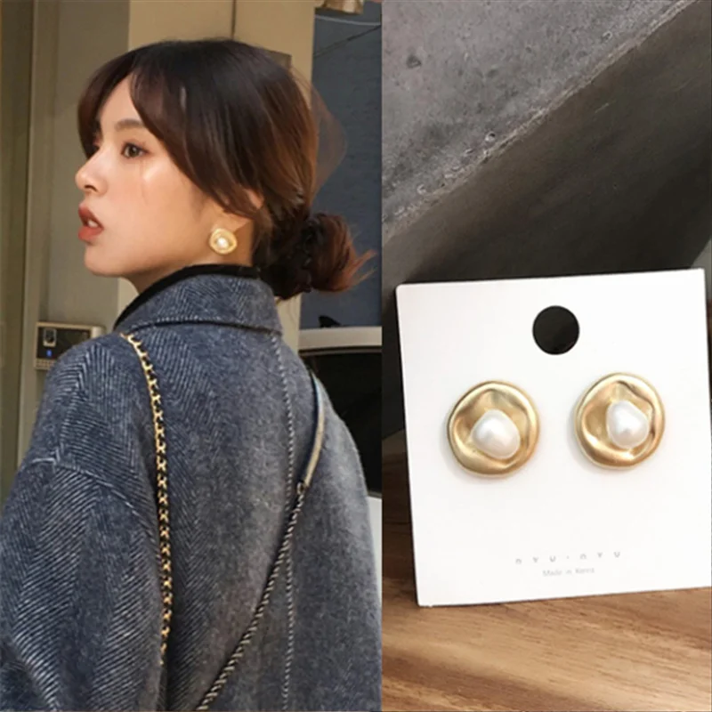 Fashion Simulated Pearl Stud Earrings for Women Gold Irregular Round Party Office Lady Jewelry Gifts | Украшения и аксессуары