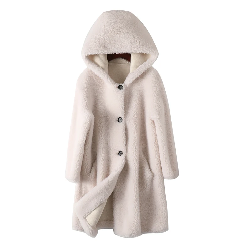 Women 2020 Winter New Real Wool Fur Overcoats Female Natural Sheep Shearing Fur Jackets Ladies Casual Warm Hooded Outwears M141