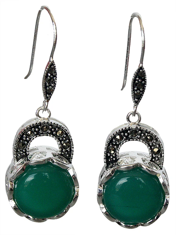 

fashion design New 925 Silver Natural Green Natural jade Marcasite Earrings nice gift