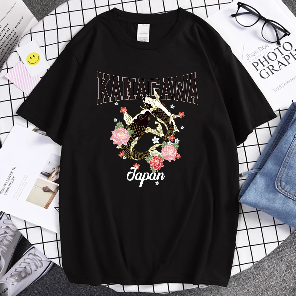 

Kanagawa Two Koi Japan Printing Man T-Shirt Simplicity Fit T-Shirts Cool S-Xxxl Tshirt Creativity High Quality Mens Streetwear