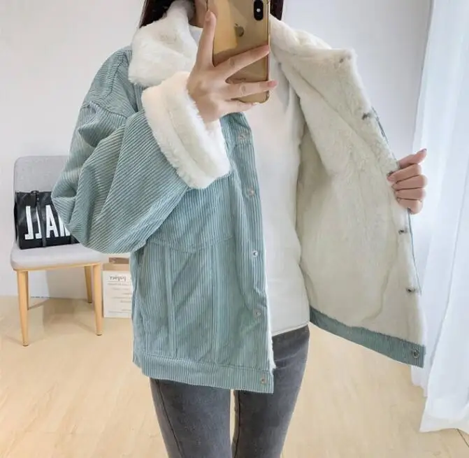 

Women Corduroy Jacket Lambswool Women Bomber Jacket short Outwear Women's jacket Warm Denim Jacket Female coat