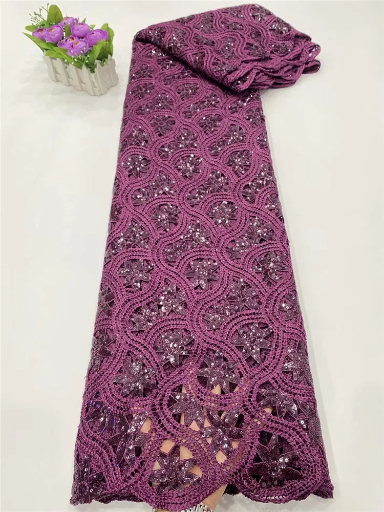 

Высококачественная фиолетовая вышивка африканские блестки кружевная ткань французская сетчатая Кружевная Ткань 5 ярдов сетчатая кружевна...