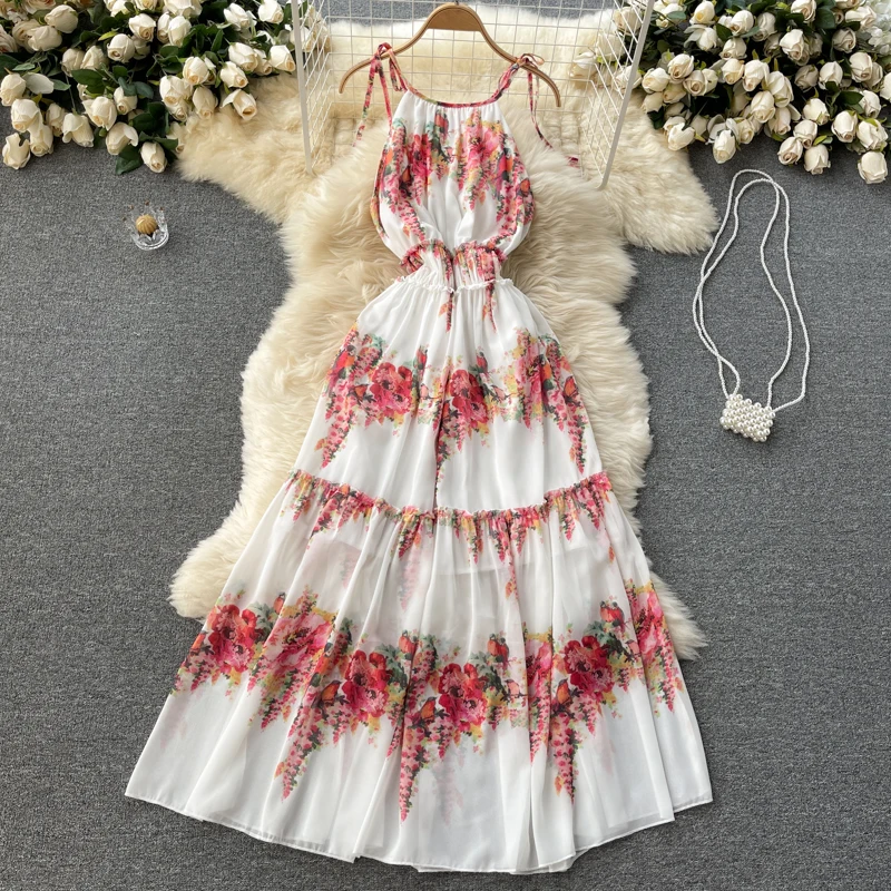 

Summer new style elegant print Dress Halter neck waist sling dresses for women 2021