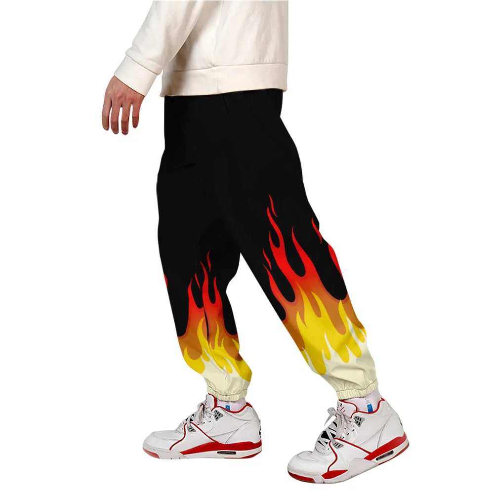 

Новинка 2021, спортивные брюки унисекс с 3D-принтом красного и желтого пламени для фитнеса и бега, Всесезонные брюки в стиле high street с аниме, модн...