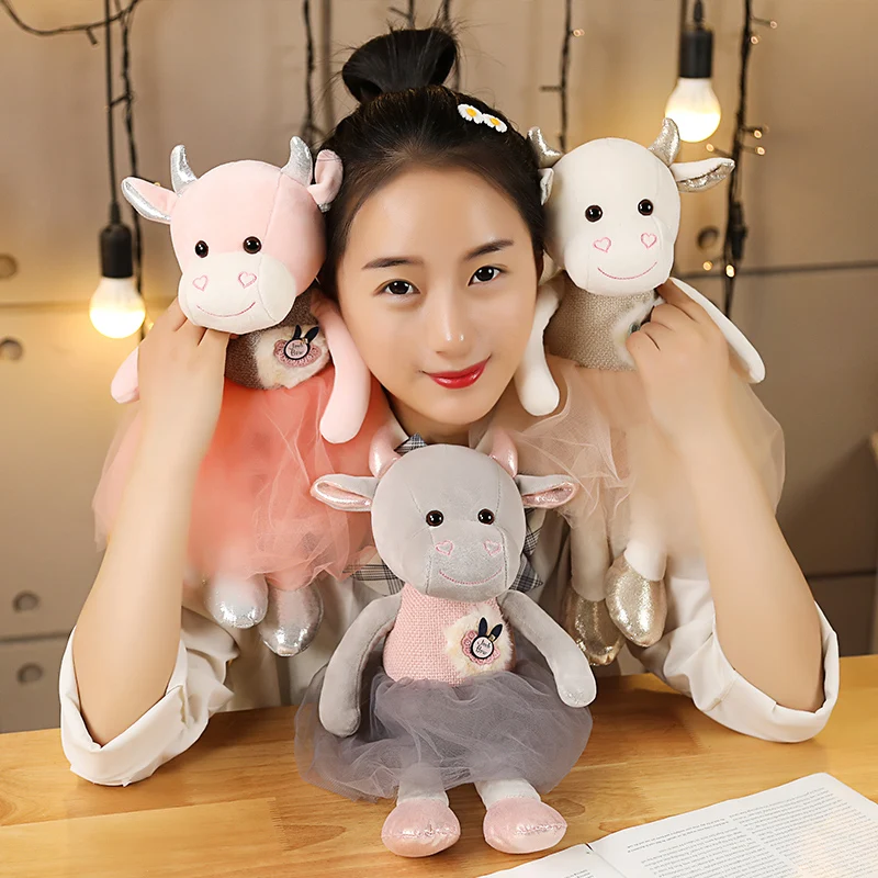 

14.96in38cm Cute Cow Plush Toy In Lace Skirt for Children's Birthday Or Christmas Gift Filling Baby Sleeping Comfort Cattle Doll