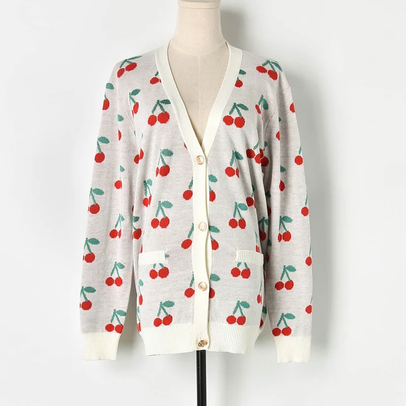 Женский вязаный кардиган с длинным рукавом длинный жаккардовый v-образным