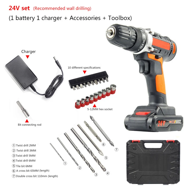 24V set 1 battery Cordless Drill 12V 16.8V 24V Optional 3/8 inch 2 speed Power Tools Flexible shaft Screwdriver Dremel Rechargeable - Цвет: 24V set 1 battery