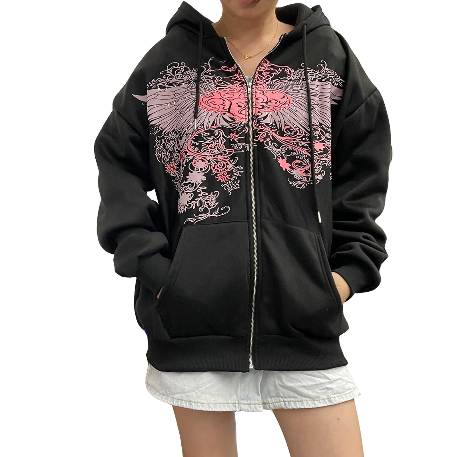 

Spring Autumn Warm Women Oversize Full Zip Rhinestone Hoodies Long Sleeve Heart Wings Print Relaxed Fit Sweatshirts