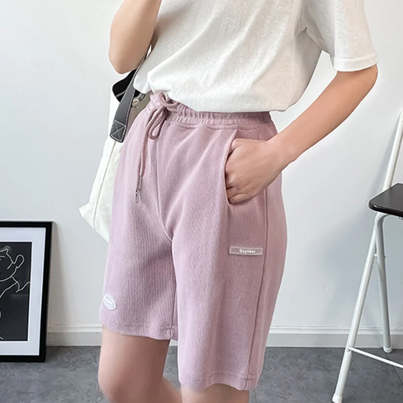 

Summer High Waist Wide Leg Short Pants Women Letter Knee Length Pants Drawstring Korean 2021 New Casual Loose Beach Trousers