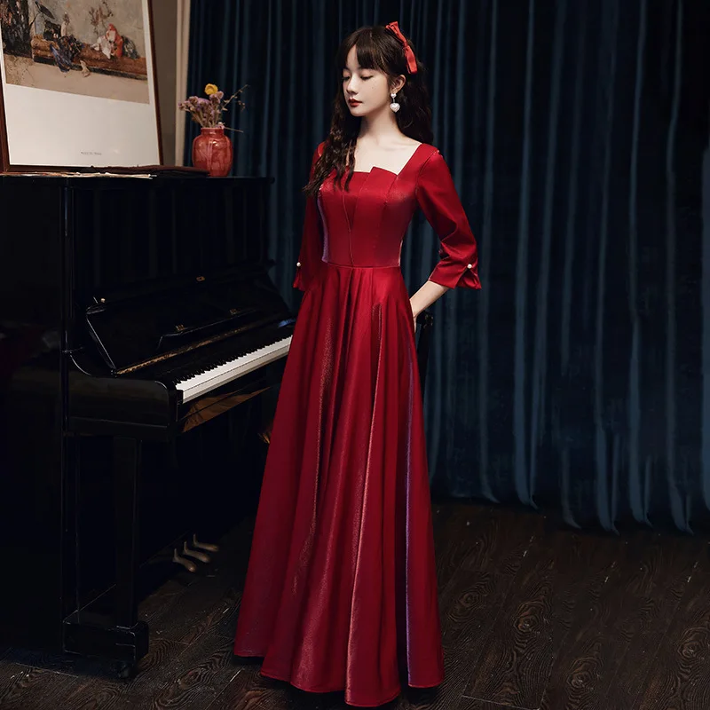 

Pearl Buttons Sexy Burgundy Cheongsam Backless Pleated Bride Wedding Party Dress Gown Square Collar Qipao Long Luxury Vestidos