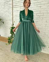 v neck buttons velvet prom dresses green half sleeves homecoming party graduation gowns ankle length tulle evening formal new