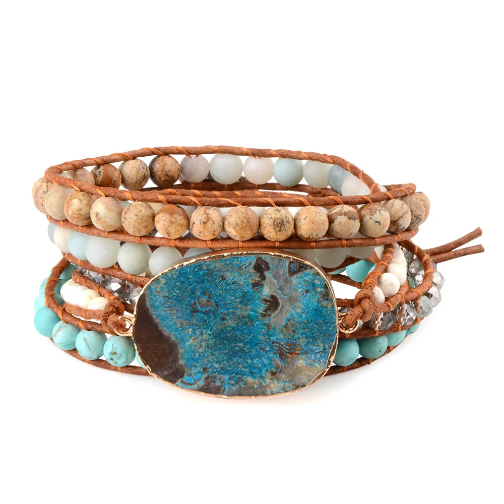 

3 Laps Leather Beads Warp Bracelets Ocean Stone Handmade Matte Beads Braided Wristband Natural Multicolor Stone For Women