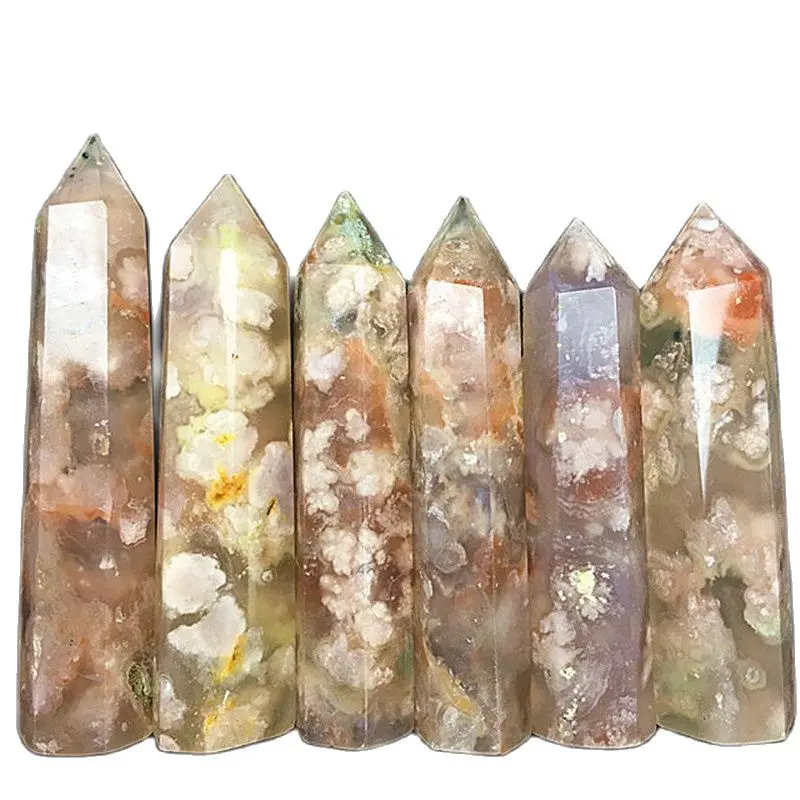 

1PC Natural Cherry Blossom Agate Wand Polished Agate Obelisk Quartz Stone Point Healing Crystal Column For Home Decoration