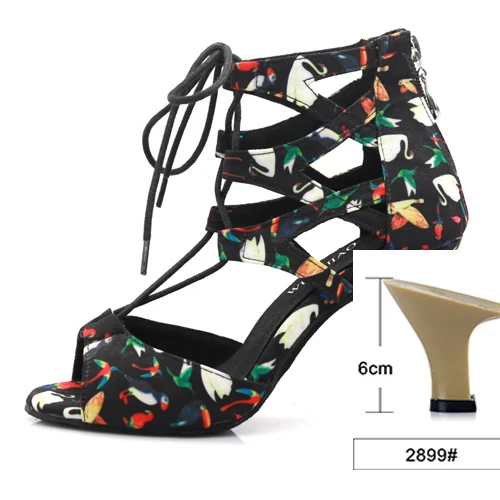 Black heel 6cm WUXIJIAO танцевальная обувь для латинских танцев; женская Тканевая обувь для сальсы с принтом «гусиная лапка»; профессиональная танцевальная обувь; Мягкая Обувь для бальных танцев - Цвет: Black heel 6cm