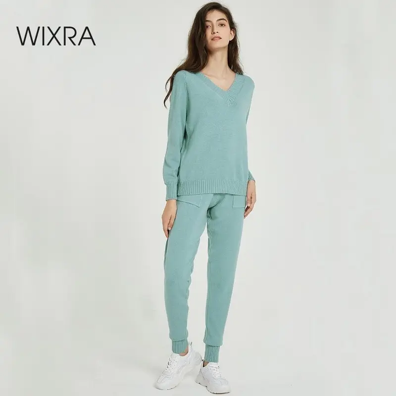 Костюм и комплекты Wixra Повседневный свитер с v образным вырезом топы + длинные