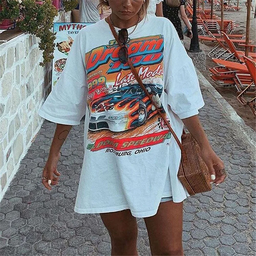

DAILOU Women's Casual Short Sleeve Long T-shirt Summer Loose Oversize Street Style Ins Style Tee Shirts Tops Fit Female Tshirt