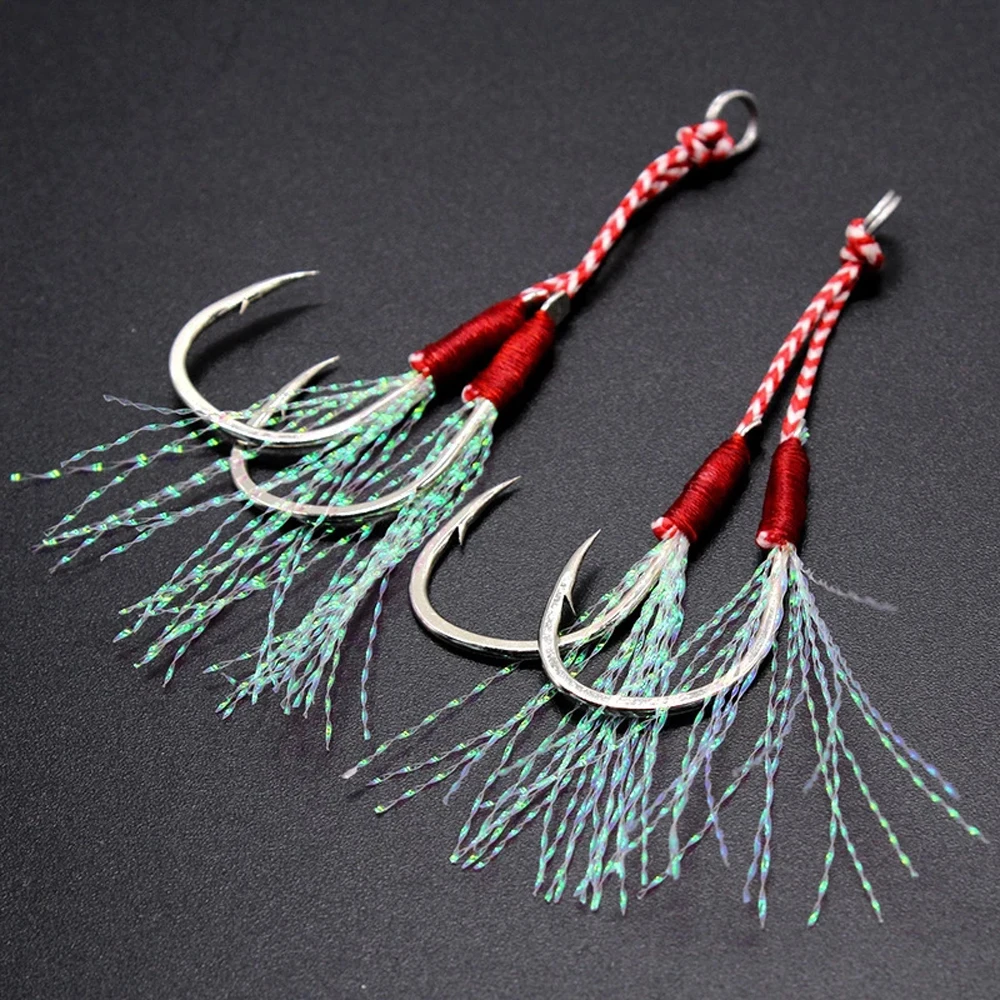 3pair-fishing-jig-head-fishing-hook-barbed-double-pair-hooks-thread-feather-pesca-high-carbon-steel-fishing-lure-slow-jigging