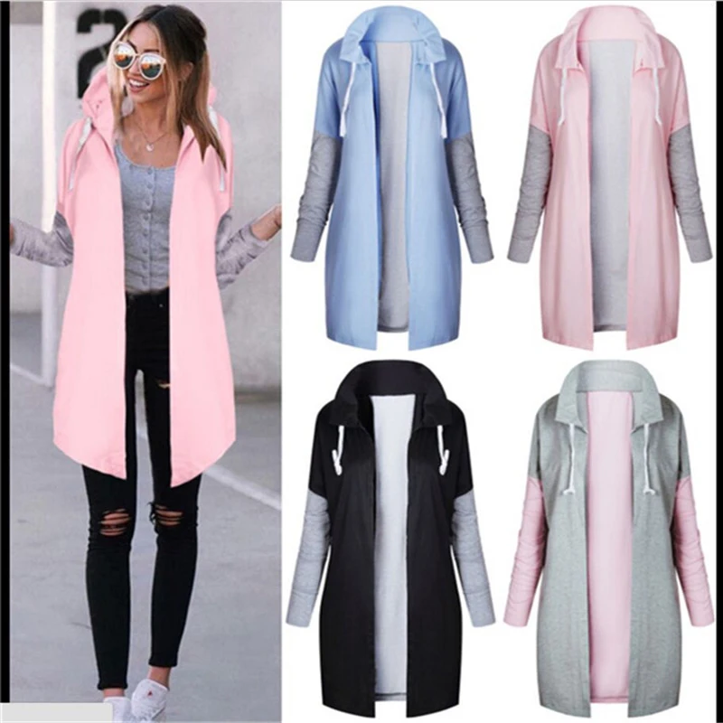 

Spring Autumn Coat Women 2020 Fashion Casual Long Patchwork Hooded Jacket Hoodie Sweatshirt Vintage Outwear Coat