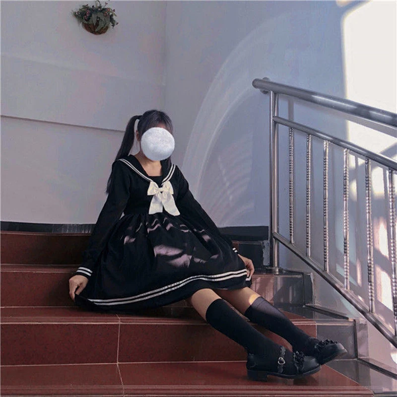 Женское платье свободного покроя черная юбка с воротником в японском и