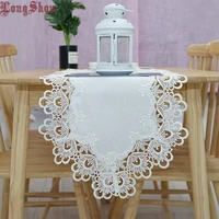 luxury embroidered lace trim white color polyester slubbed cloth floral style table runner shoe cabinet tv stand cover bed flag