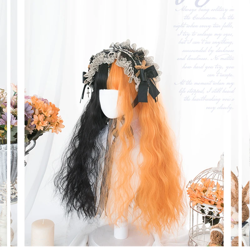 

Harajuku Mixed Black Orange Lolita Wig Chic Long Kinky Curly Synthetic Hair Fringe Bangs Adult Girls Halloween Evil Witch