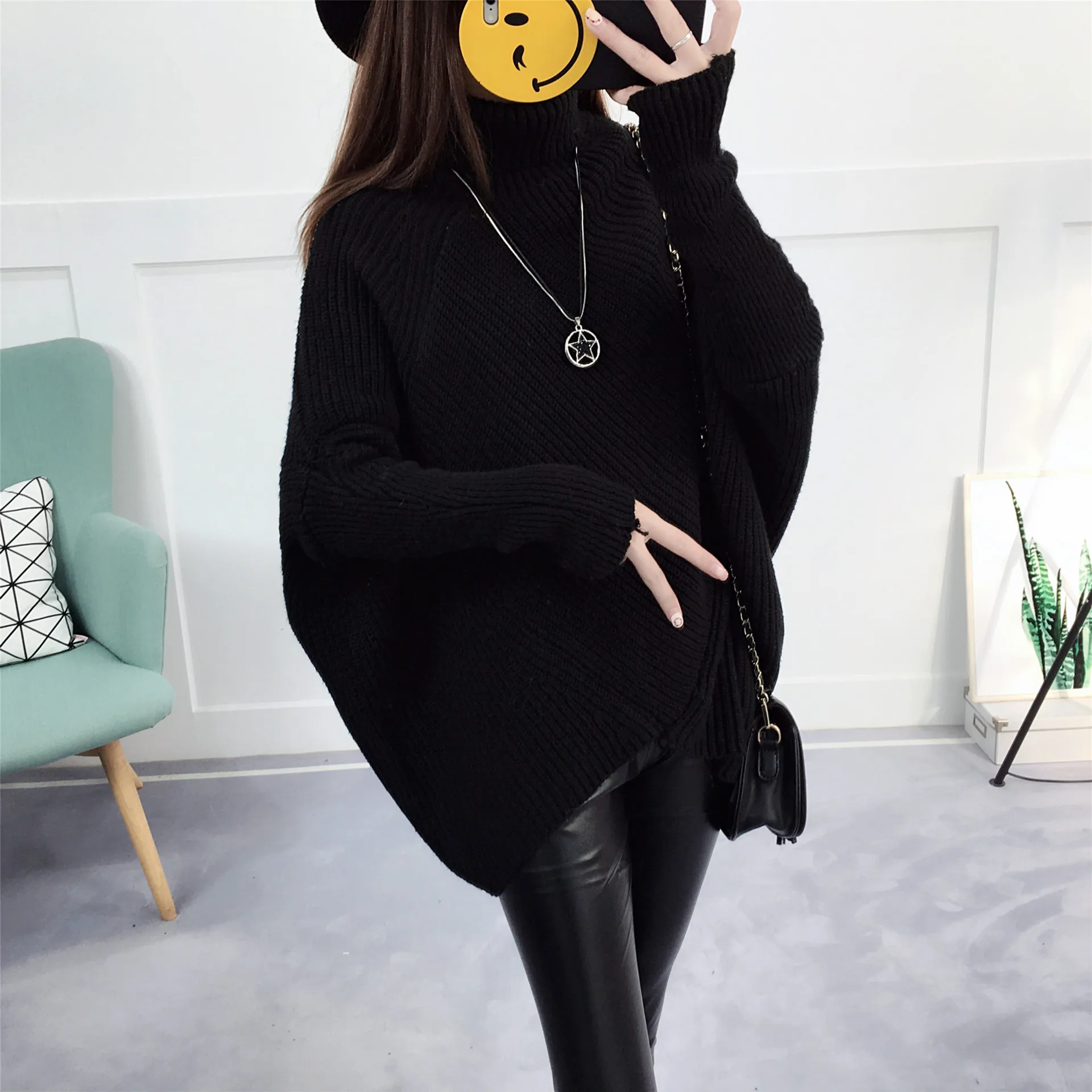 LOOSE SWEATER WOMEN CASUAL 2021 TURTLENECK SOLID COLOR BAT SLEEVE AUTUMN AND WINTER THICK HOT WOMENS SWEATERS VESTIDOS LXJ643 | Женская