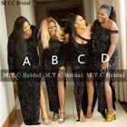 Блестящие черные длинные платья для подружек невесты, 4 вида, прямые черные платья для подружек невесты с разрезом по бокам и блестками для девушек, наряды на заказ