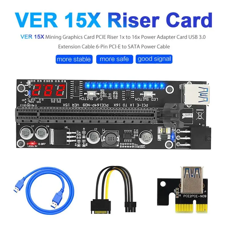 

VER15X USB 3.0 PCI-E Райзер PCI Express 1X 4X 8X 16X удлинитель адаптер GPU Майнер Райзер карта 6 Pin к SATA Power 3,0 беговой светодиодный ОД