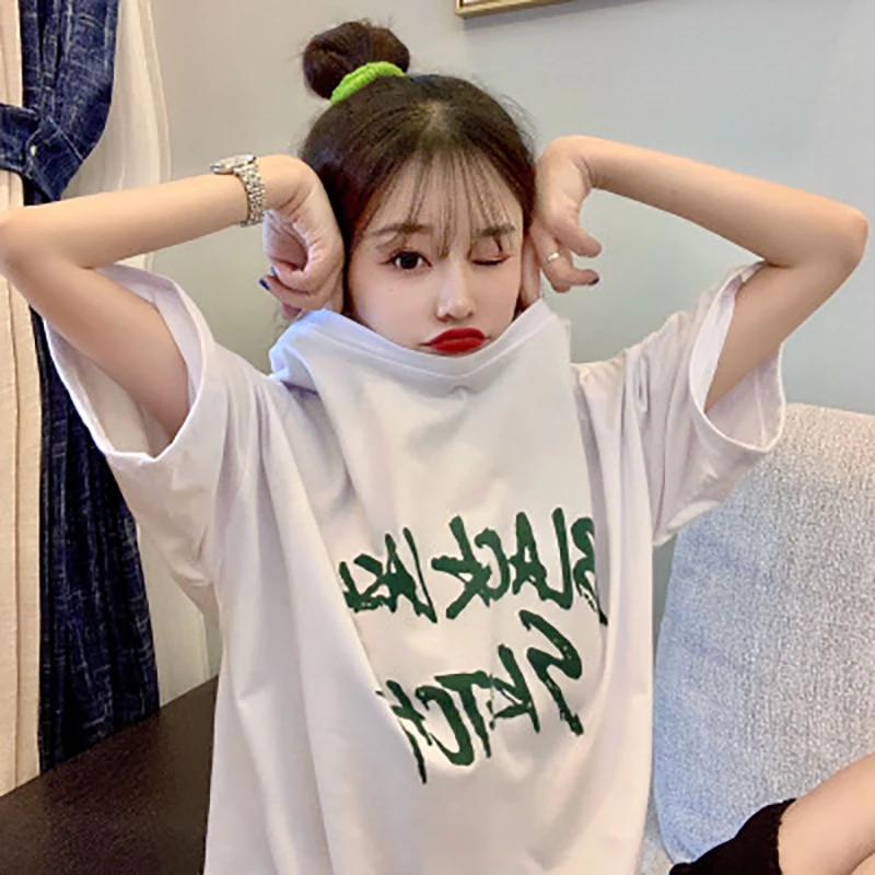 Женская хлопковая футболка с коротким рукавом свободная средней длины буквенным