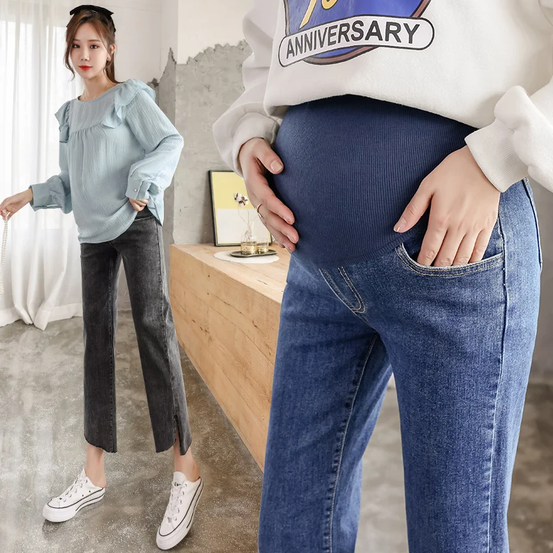 

Pregnant women who smoke tube jeans in the spring and autumn with nine minutes of pants pregnant belly pants cowboy casual pants