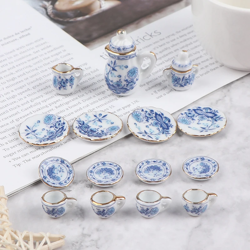 

Dining Ware China Ceramic Tea Set Dolls House Miniatures Blue Flower Doll House Miniatures 1:12 Accessories Decorative