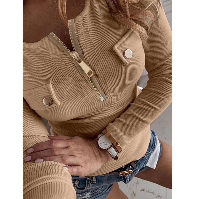 

Soild Tshirt Knit Long Sleeve White T Shirt Female Casual Tee Winter Knitting Women T-shirt Tops Outfits Zippers Buttons G2092