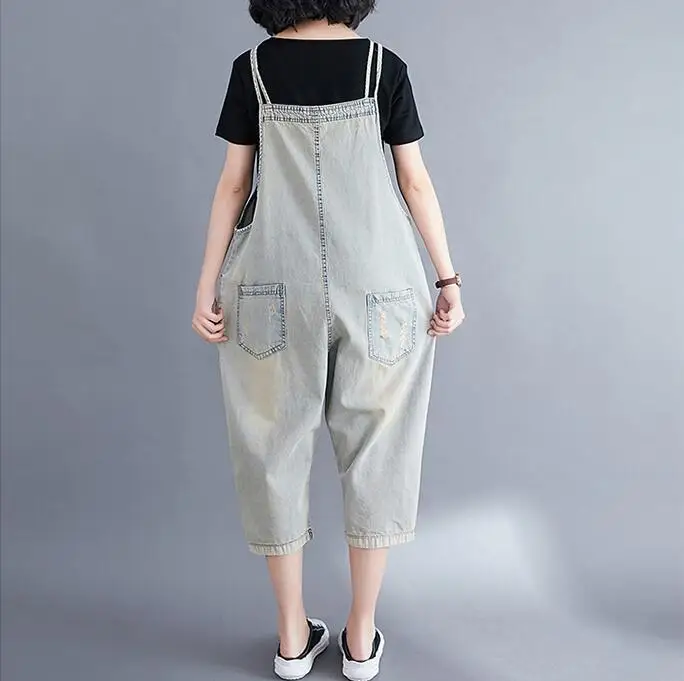 Cartoon embroidered Women Denim Jumpsuit Baggy Suspenders Cowboy Pants Hole Ripped Casual Loose Female Jeans Rompers |