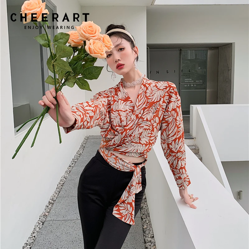 

Женская шифоновая блузка CHEERART, красная блузка с V-образным вырезом, длинным рукавом летучая мышь, осень 2021