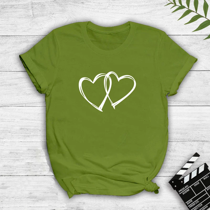 

2021 Hot Sell New Summer Women Round Neck Loose Heart Print T-Shirt Casual Tops Pullover Harajuku Short Sleeve Versatile Sweet