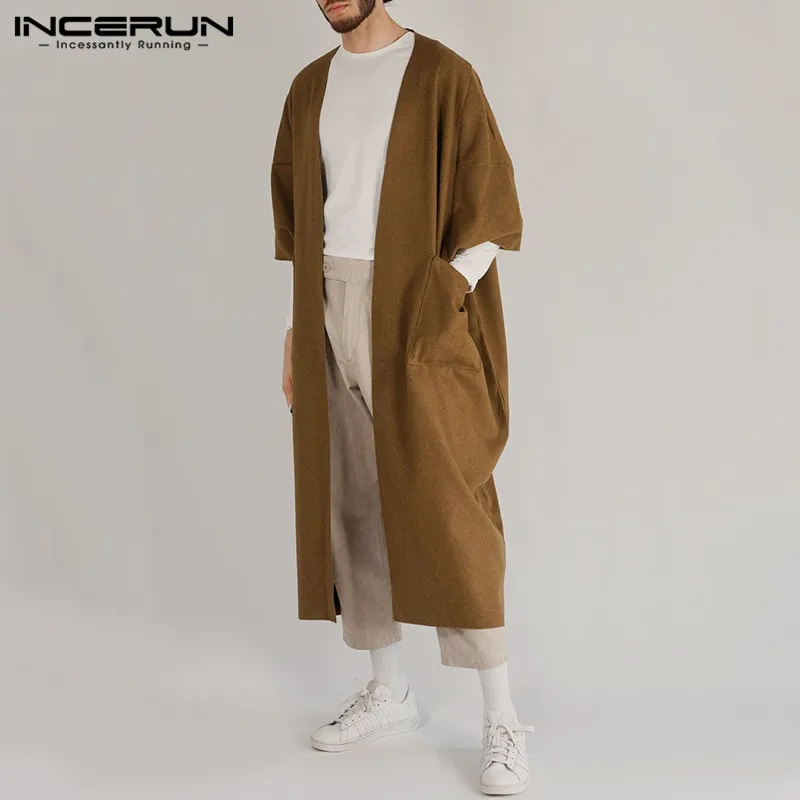 INCERUN/мужские тренчи, повседневные куртки с карманами, 3/4 рукавами, из искусственного флиса, мужская верхняя одежда, модный однотонный удлиненный кардиган