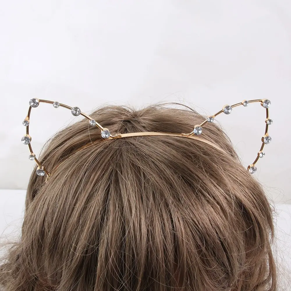 Женский ободок с кошачьими ушками стразы из сплава серебряный/золотой жемчуг