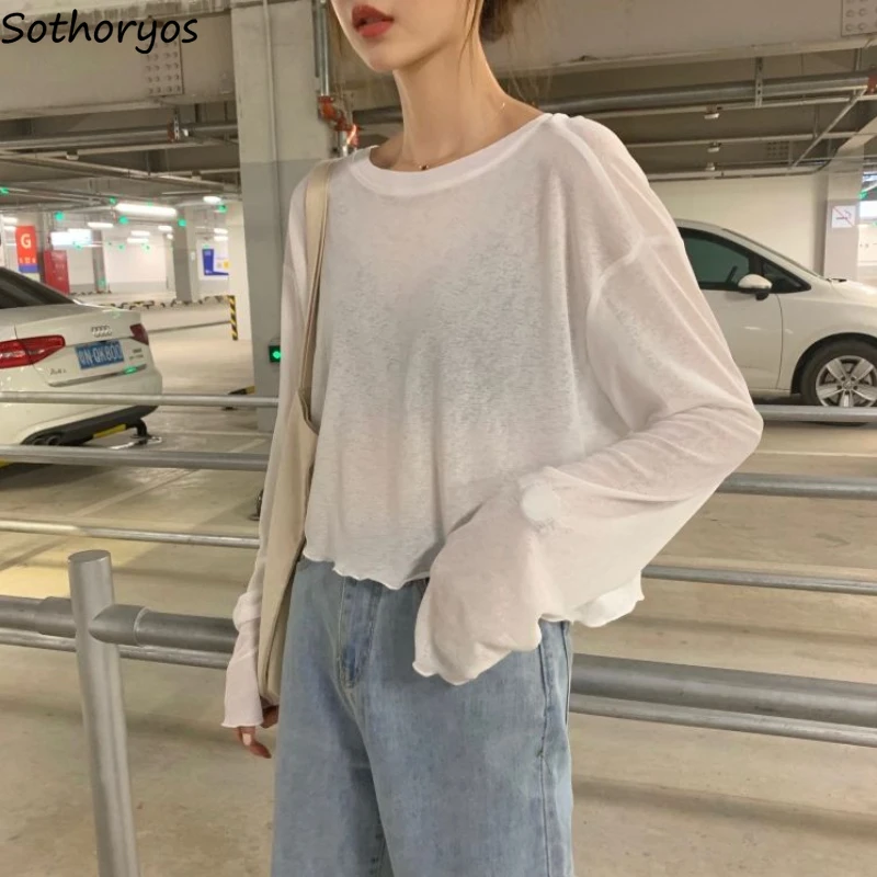 Женские футболки с длинным рукавом однотонные Короткие топы Летняя тонкая