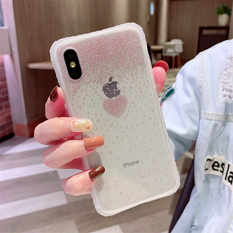 Блестящий Прозрачный чехол для телефона с милым сердечком для iPhone X XS XR XS Max 6 6S 7 8 Plus