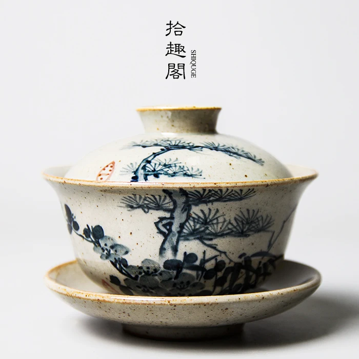 

★three tureen retro blue and white tea bowl of kung fu tea bowls hand-painted ceramic tea set large Chinese tea cups