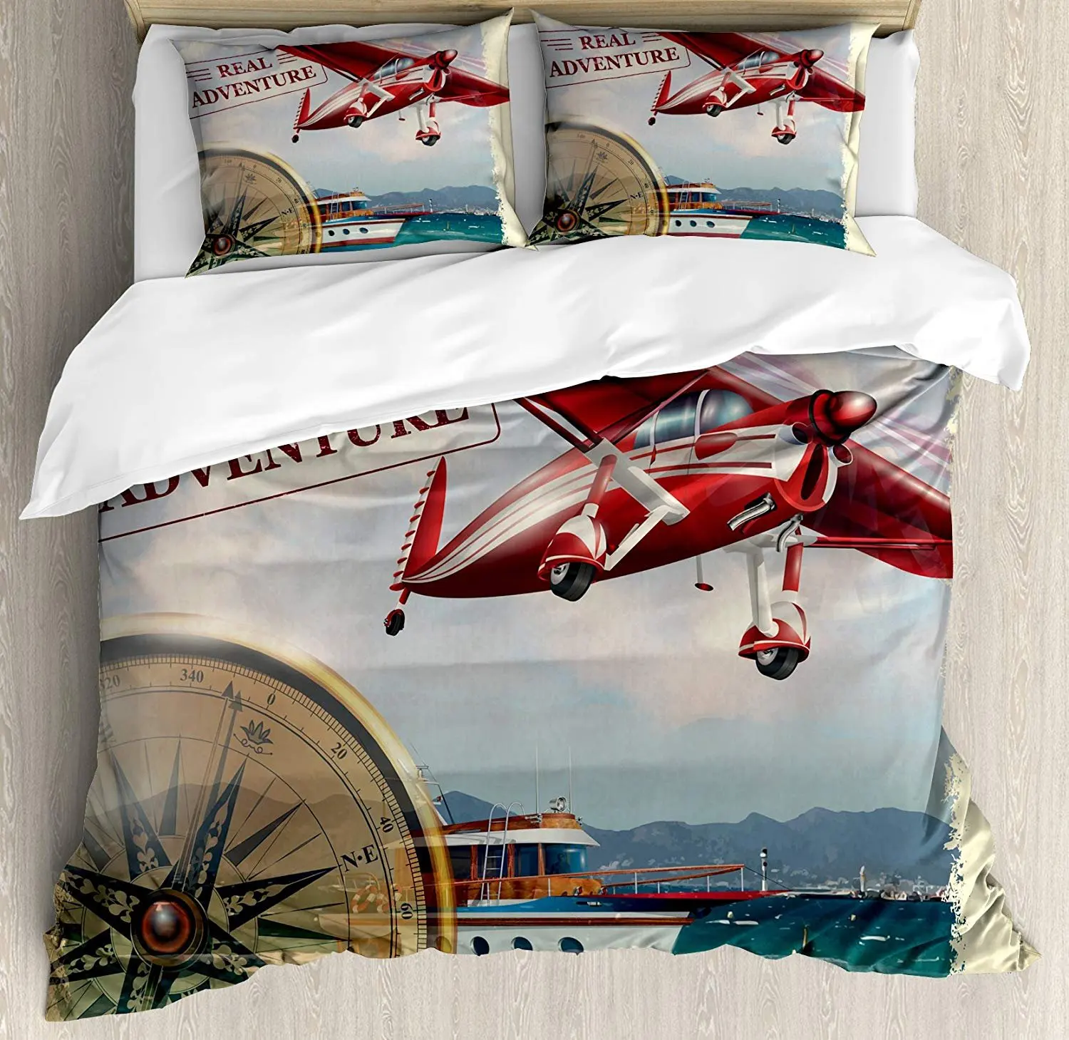 

Adventure Bedding Set Real Adventure Quote with Coastline and a Red Airplane Journey Travel Themed Art Duvet Cover Pillowcase