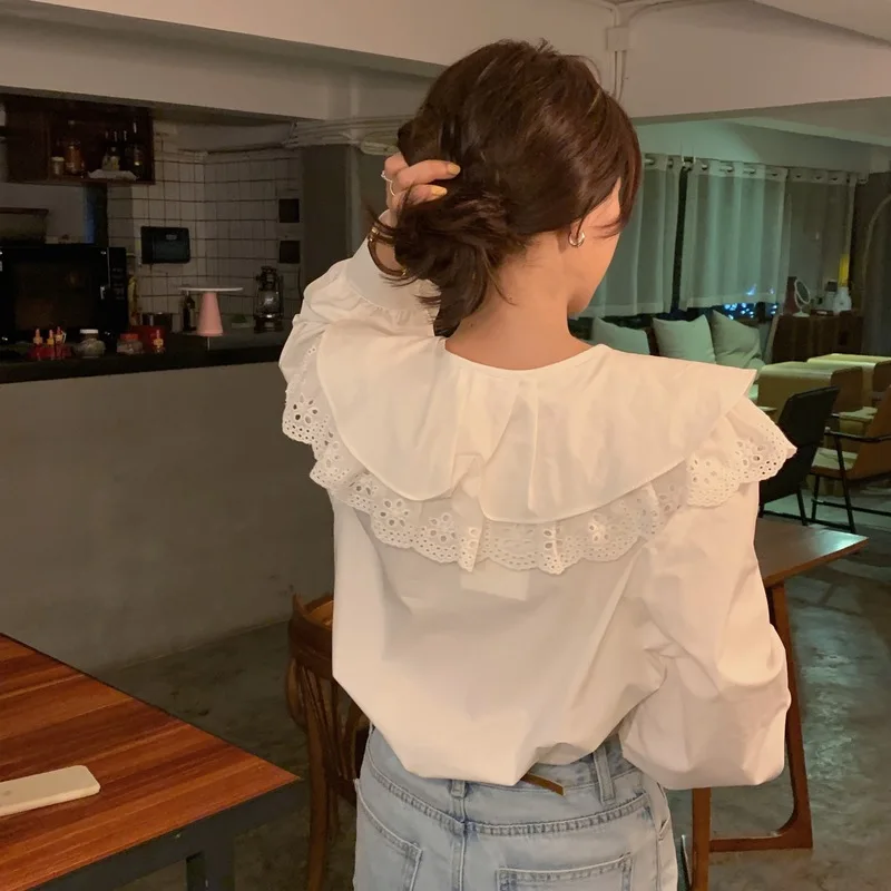 

KUSAHIKI Lace Ruffle Double Lace Up Peter Pan Collar Blouse Tops 2021 Spring New Women Shirt Causal Sweet Blusas Mujer 6F684