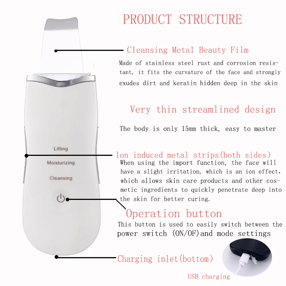 

Ultrasonic Face Cleaning Machine Skin Scrubber Deep Cleaning Machine SPA Spatula Skin Scrubber Remove Blackhead Acne Tool FoLLoo