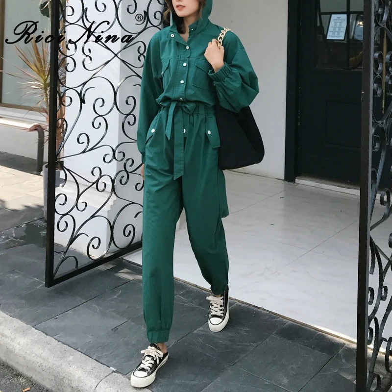 RICININA комбинезон размера плюс женский с длинными рукавами отворотом на кнопках