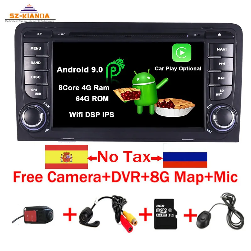 Android 9,0 автомобильный DVD gps для Audi A3 8P 2003-2012 S3 2006-2012 RS3 Sportback 2011 Автомобильный мультимедийный плеер стерео радио - Цвет: 8Core 4G Ram 64G ROM