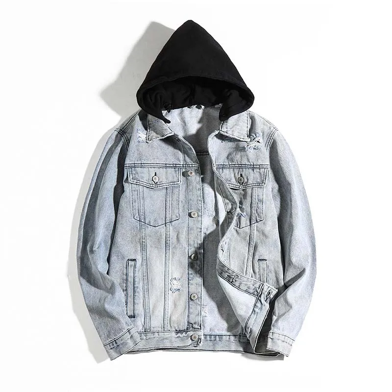 KIOVNO мужские рваные и потёртые джинсовые куртки пальто с капюшоном модные